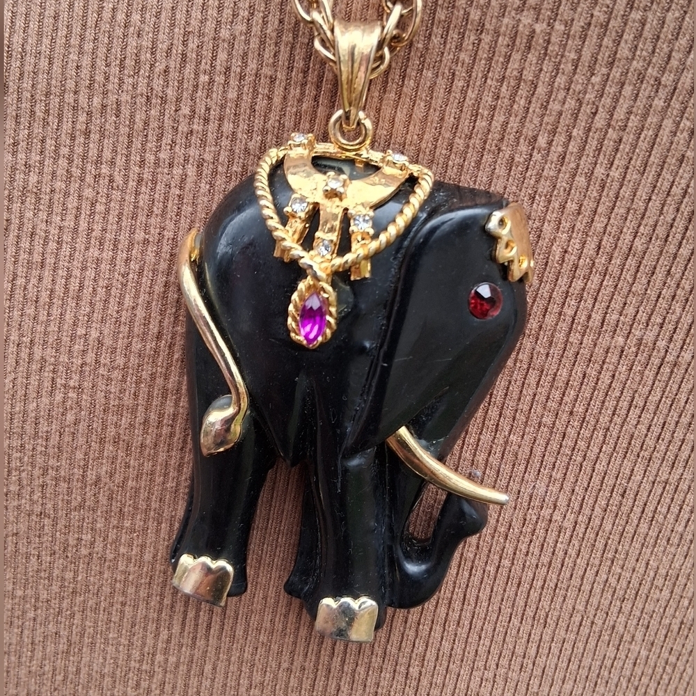 VTG Mid Century Statement Elephant Necklace Black & Gold Tone Rhinestone